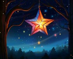 ilustração do uma Estrela suspensão a partir de uma árvore às noite generativo ai foto