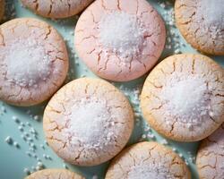 Rosa e branco açúcar biscoitos em uma azul fundo generativo ai foto