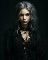 retrato do uma lindo gótico menina com cinzento cabelo generativo ai foto