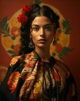 retrato do uma lindo mexicano mulher com vermelho flores dentro dela cabelo generativo ai foto