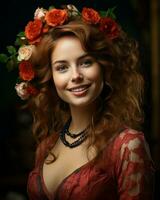 retrato do uma lindo ruiva mulher com flores dentro dela cabelo generativo ai foto