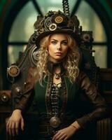 retrato do uma lindo mulher dentro uma steampunk equipamento generativo ai foto