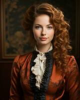 retrato do uma lindo mulher com vermelho encaracolado cabelo generativo ai foto
