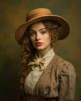 retrato do uma lindo jovem mulher dentro uma chapéu generativo ai foto