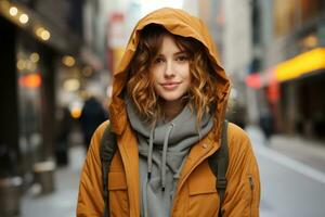 retrato do uma lindo jovem mulher dentro uma encapuzado Jaqueta em a rua dentro Novo Iorque cidade generativo ai foto