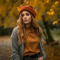 retrato do uma lindo jovem mulher dentro a outono parque generativo ai foto