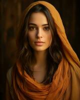 retrato do uma lindo jovem mulher dentro a laranja xaile generativo ai foto