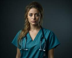 retrato do uma lindo jovem mulher dentro azul esfrega e estetoscópio em Sombrio fundo generativo ai foto