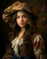 retrato do uma lindo jovem mulher com uma chapéu generativo ai foto