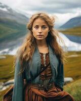 retrato do uma lindo jovem mulher com grandes cabelo em pé dentro frente do uma lago dentro Noruega generativo ai foto