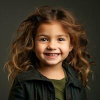 retrato do uma fofa pequeno menina com encaracolado cabelo generativo ai foto