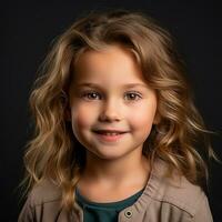 retrato do uma pequeno menina com encaracolado cabelo em Preto fundo generativo ai foto