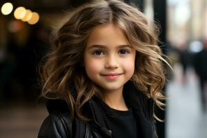 retrato do uma fofa pequeno menina com encaracolado cabelo generativo ai foto