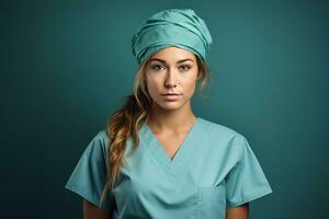 retrato do uma jovem fêmea médico dentro azul esfrega e uma turbante em uma Sombrio fundo generativo ai foto