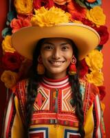 retrato do uma jovem mexicano mulher vestindo uma colorida mexicano chapéu generativo ai foto