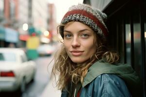 retrato do uma jovem mulher vestindo uma tricotado gorro dentro Novo Iorque cidade generativo ai foto