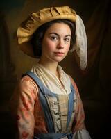retrato do uma jovem mulher vestindo a velho formado chapéu generativo ai foto