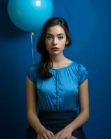 retrato do uma jovem mulher com uma azul balão em uma azul fundo generativo ai foto