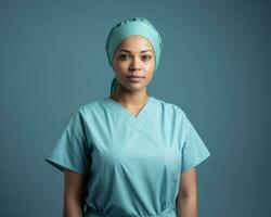 retrato do a africano americano fêmea médico vestindo esfregar terno e turbante estoque foto generativo ai