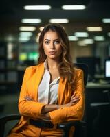 retrato do lindo o negócio mulher sentado dentro a escritório com dela braços cruzado generativo ai foto