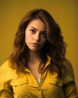 retrato do lindo jovem mulher dentro amarelo camisa em amarelo fundo generativo ai foto