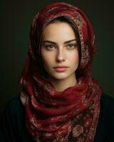 retrato do lindo jovem mulher vestindo tradicional árabe lenço de cabeça em Preto fundo generativo ai foto