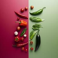dois imagens do legumes em uma vermelho e verde fundo generativo ai foto