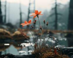 dois vermelho flores dentro a meio do uma floresta generativo ai foto