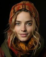 uma lindo jovem mulher vestindo uma chapéu e cachecol generativo ai foto