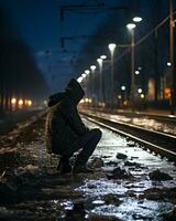 uma pessoa sentado em uma trem rastrear às noite generativo ai foto