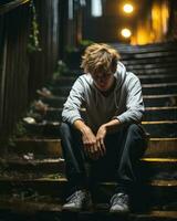 uma jovem homem sentado em a escadas às noite generativo ai foto
