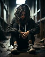 uma jovem mulher sentado em a chão dentro a abandonado construção generativo ai foto