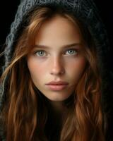 retrato do uma lindo ruiva menina com azul olhos em Preto fundo generativo ai foto