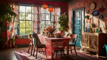 brilhantemente colori jantar quarto com uma mesa e cadeiras e uma ampla janela. generativo ai. foto