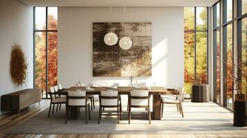 lá é uma jantar quarto com uma mesa e cadeiras e uma pintura em a muro. generativo ai. foto