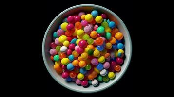 araffy tigela do colorida candis em uma Preto fundo. generativo ai. foto