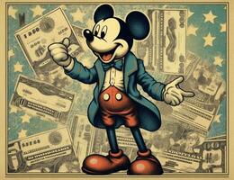mickey rato segurando uma pilha do dinheiro dentro dele mão. generativo ai. foto
