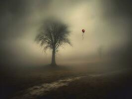 lá é uma solitário árvore e uma vermelho balão dentro a névoa. generativo ai. foto