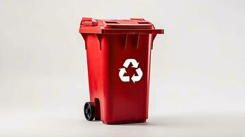 uma vermelho reciclar bin com reciclar símbolo isolado em branco fundo. generativo ai foto