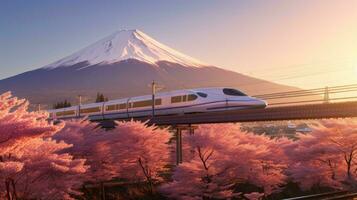 shinkansen ou bala trem corre passar através montanha Fuji e shibazakura às Primavera. shinkansen dentro Japão. generativo ai foto