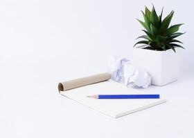 bloco de notas com lápis azul e bola de papel e vaso de flores em fundo branco foto