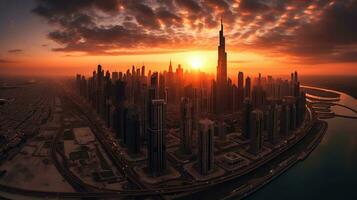 aéreo Visão do dubai, Unidos árabe Emirados dentro perto pôr do sol. generativo ai foto