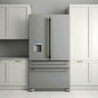 uma fechar acima do uma geladeira dentro uma cozinha com branco armários. generativo ai. foto