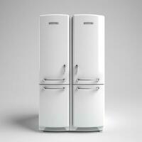 lá estão dois branco geladeiras lado de lado em uma cinzento fundo. generativo ai. foto