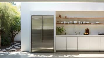 lá é uma cozinha com uma inoxidável aço geladeira e uma branco contador. generativo ai. foto