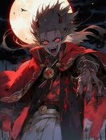 Personagem de anime com sangue no rosto e um demônio no ombro gerador de ia