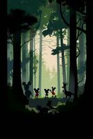 mickey e amigos corrida através uma floresta dentro a escuro. generativo ai. foto