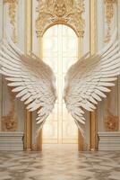 lá é uma ampla branco anjo asa em a chão dentro uma sala. generativo ai. foto