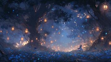 animê cena do uma floresta com uma fogo e borboletas. generativo