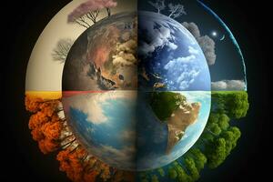 arafado imagem do uma quatro painel imagem do uma planeta com árvores e nuvens. generativo ai. foto